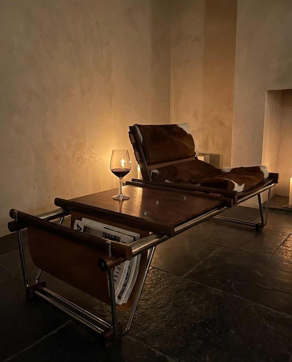 Modern lounge chair with a glass of wine on a wooden table in a dimly lit room.