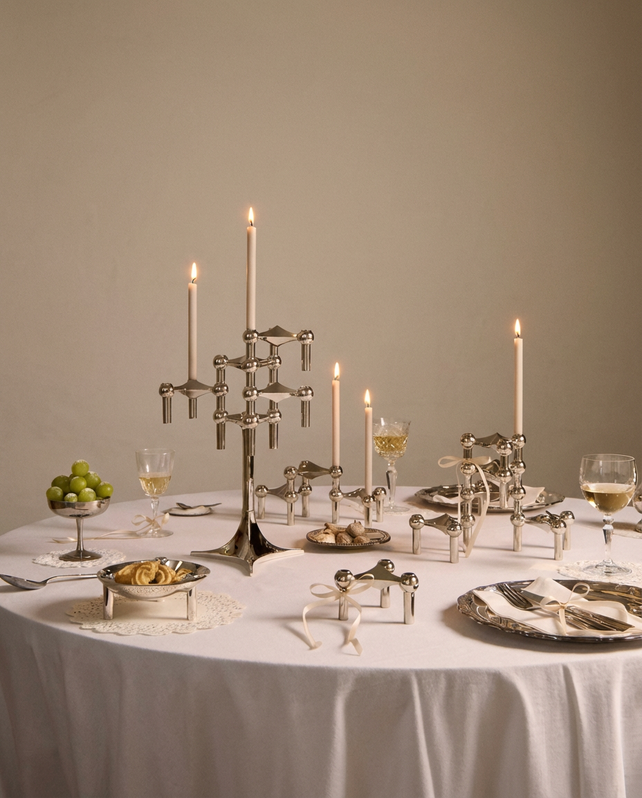 Elegant table setting with silver candelabra, candles, and fine china against a plain background.