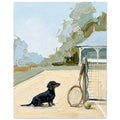 Impressionist fine art print of a black dachshund sitting beside a vintage wooden tennis racket leaning against a tennis net on a quiet outdoor court.
