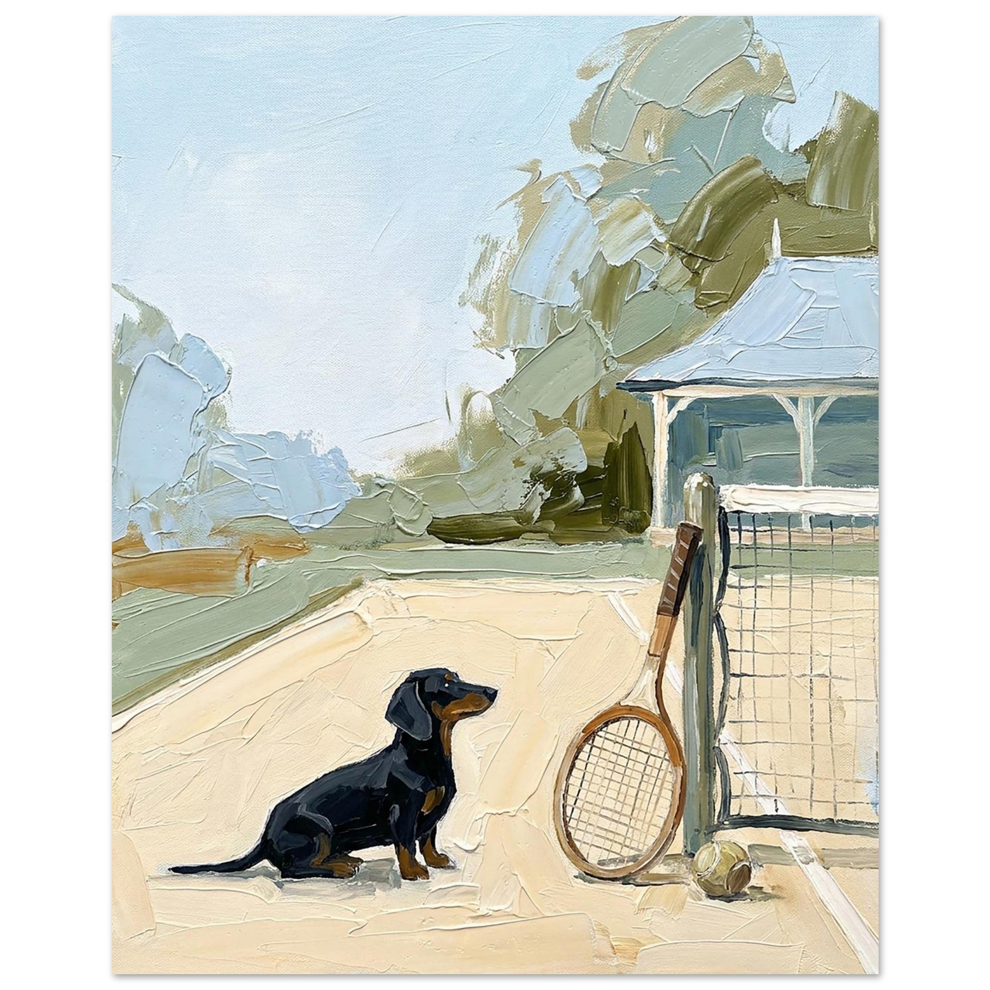 Impressionist fine art print of a black dachshund sitting beside a vintage wooden tennis racket leaning against a tennis net on a quiet outdoor court.