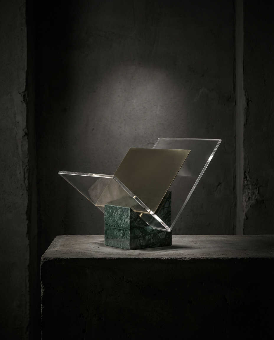 Modern sculpture with glass panels and green marble base on a dark background