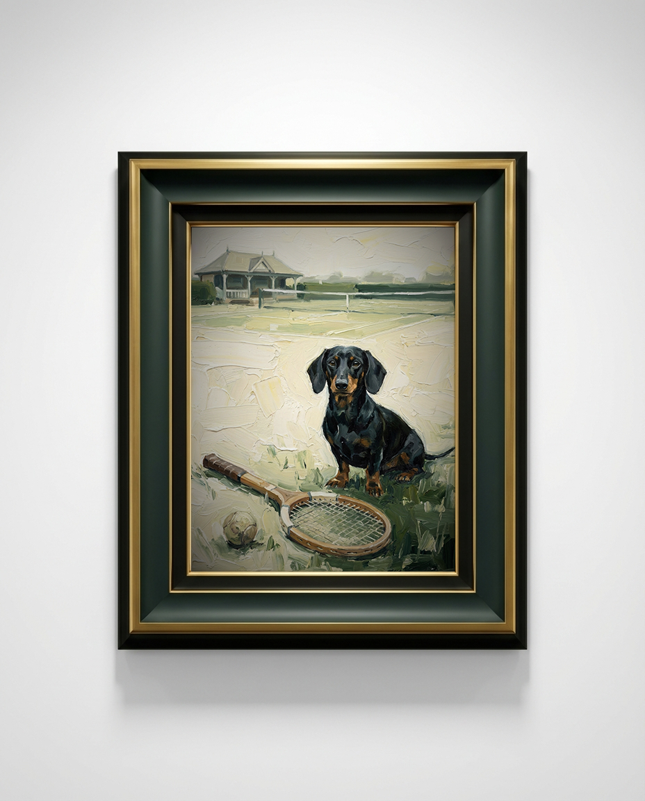 Framed painting of a dachshund with a tennis racket and ball on a grassy field.