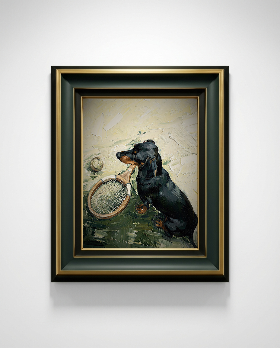 Framed painting of a dachshund holding a tennis racket on a light gray background