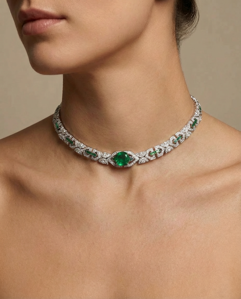 Close-up of a person wearing an emerald and diamond necklace against a neutral background