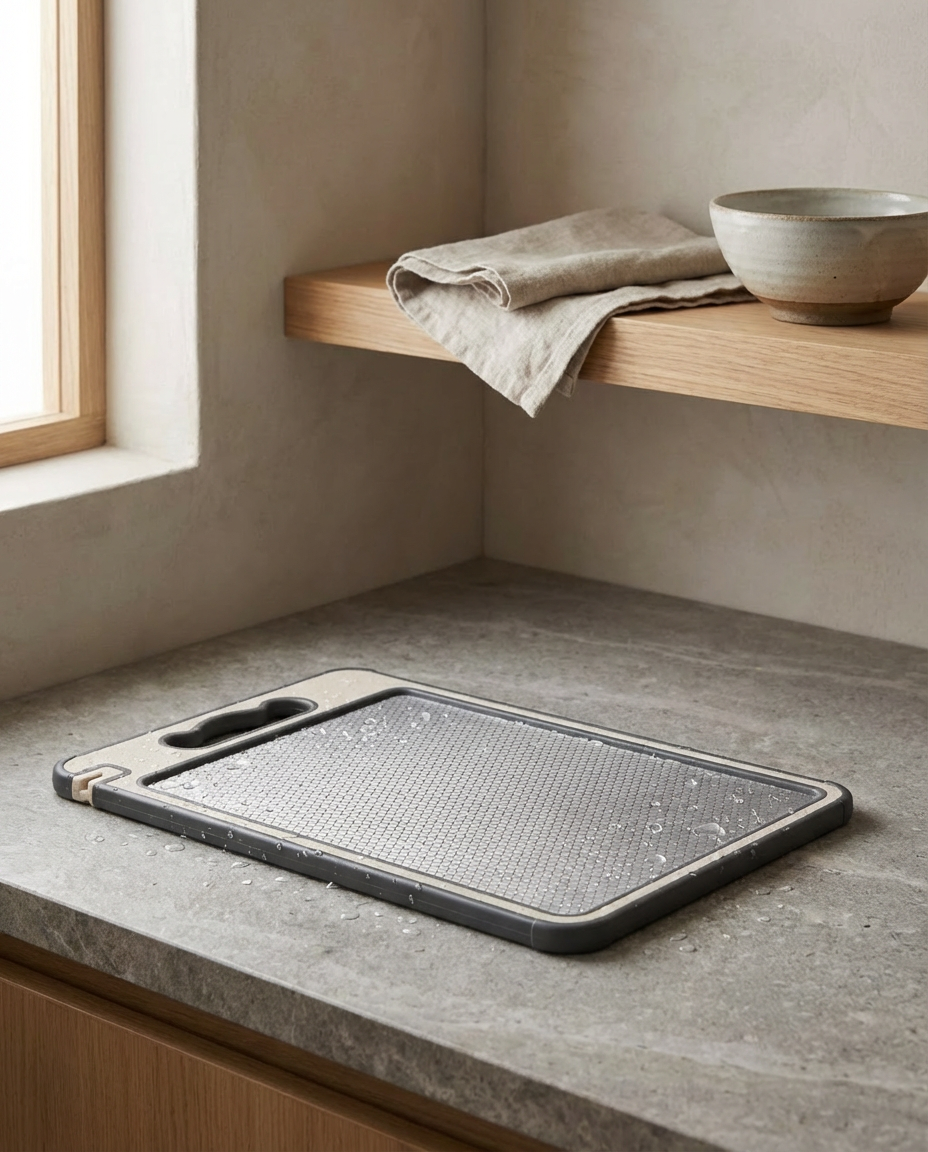 Gray cutting board on a concrete countertop with a wooden shelf in the background