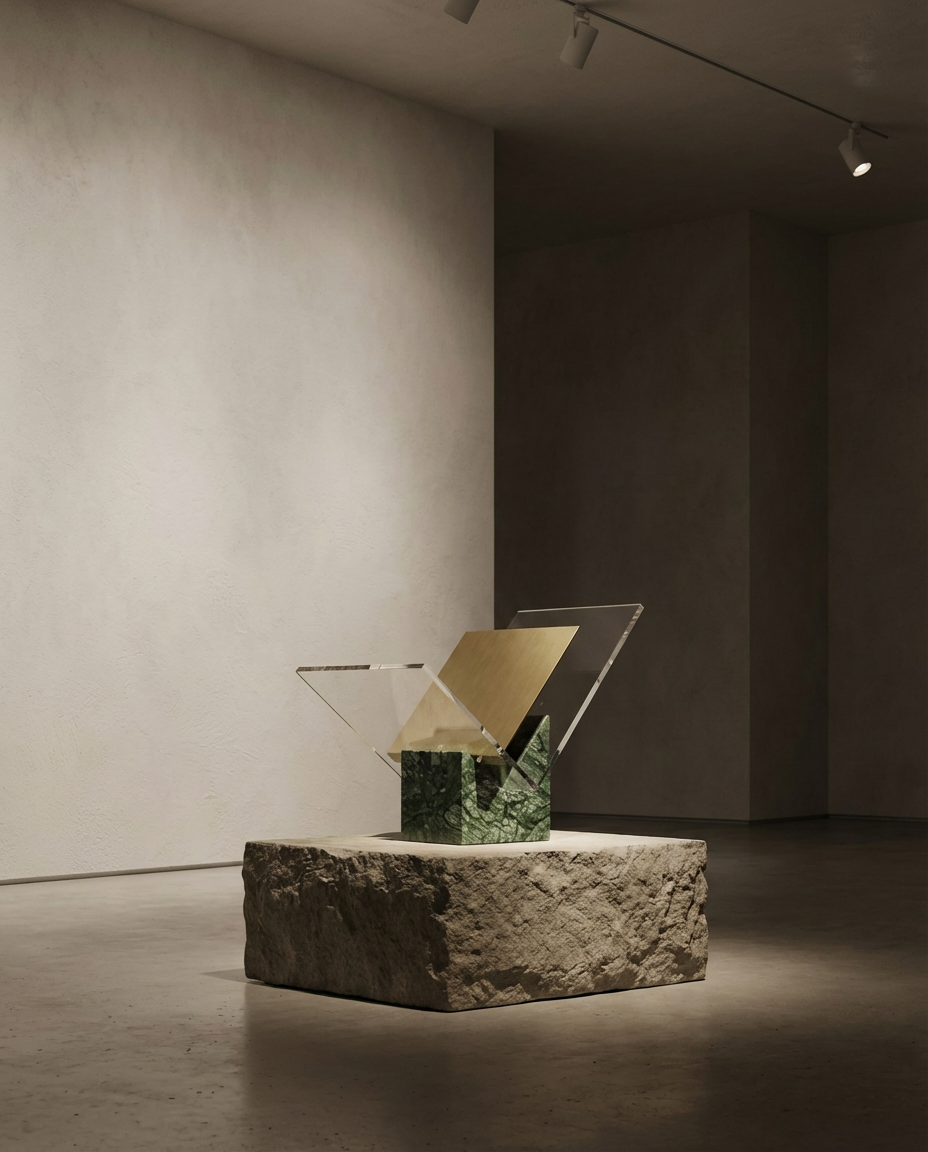 Art installation with geometric sculpture on a stone base in a dimly lit room.