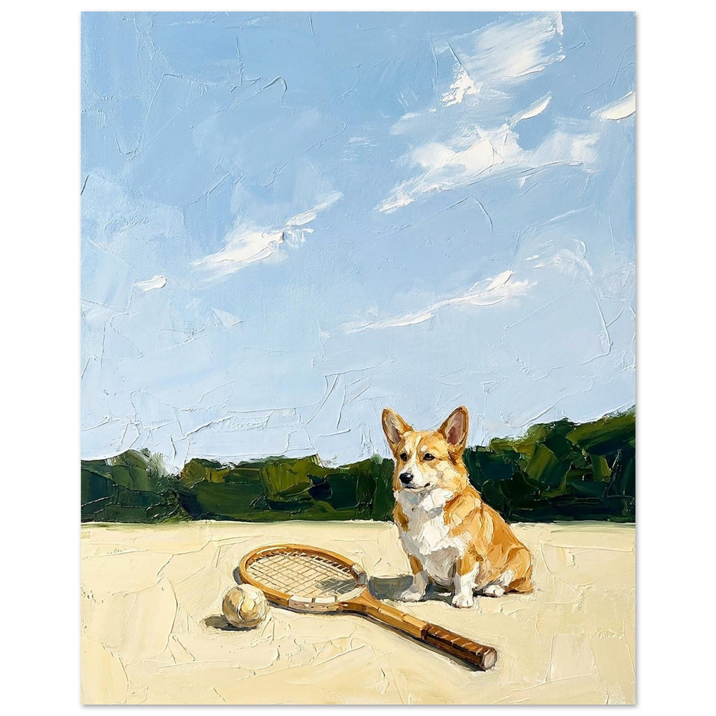 Impressionist fine art print of a corgi sitting beside a vintage wooden tennis racket and tennis ball on a peaceful tennis court beneath a blue summer sky.