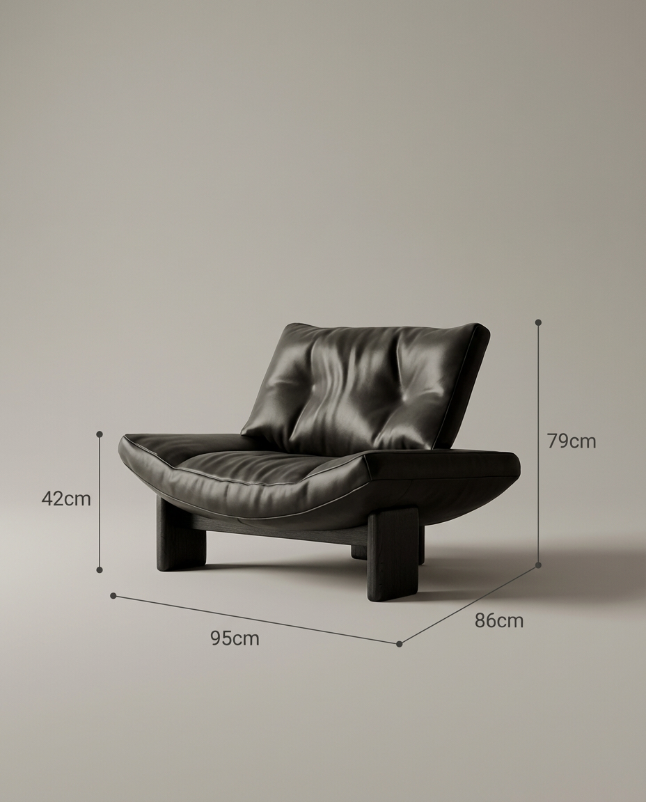 Black leather sofa with dimensions marked on a beige background