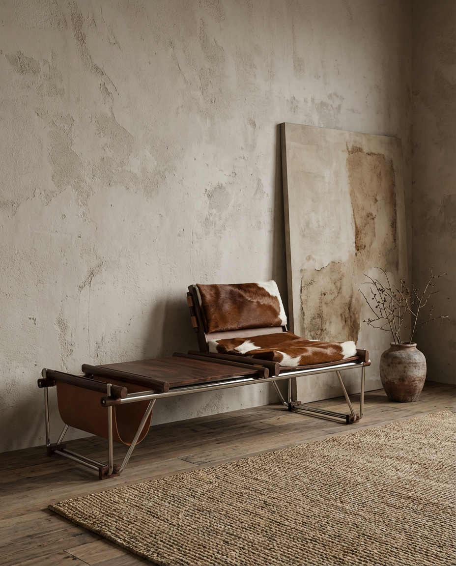 Modern lounge chair with cowhide pattern in a minimalistic room.