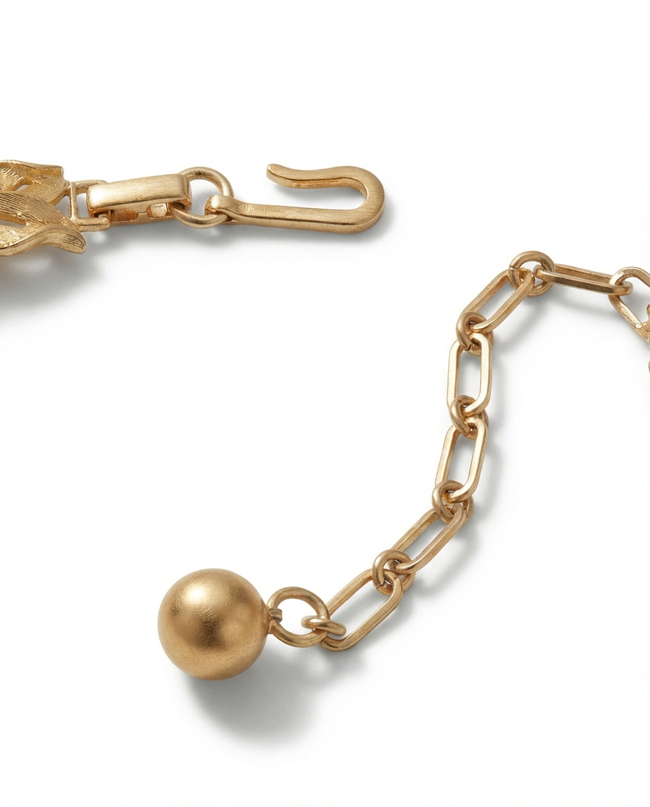 Gold bracelet with a clasp and spherical charm on a white background