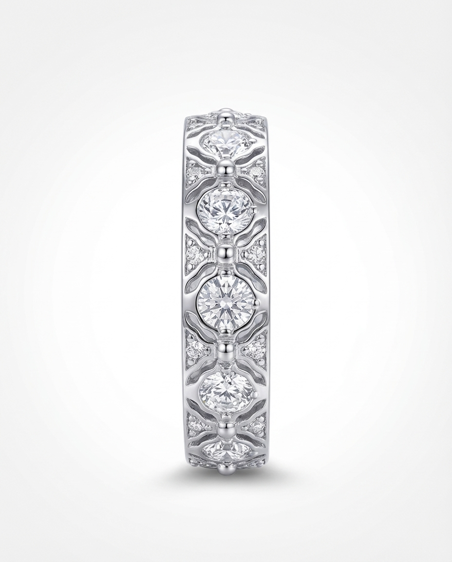 Diamond ring with intricate design on a white background