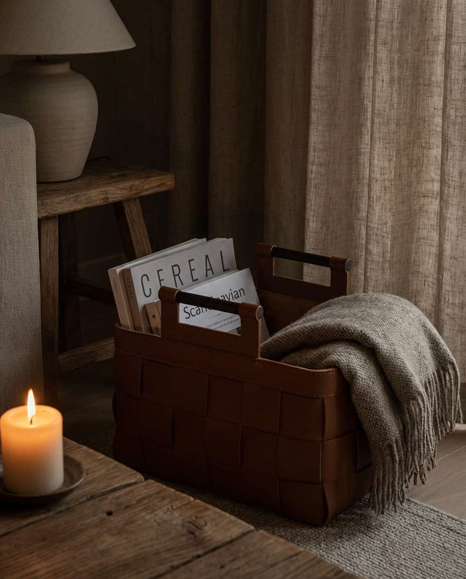 Brown woven basket with books and a blanket next to a lit candle on a wooden surface.