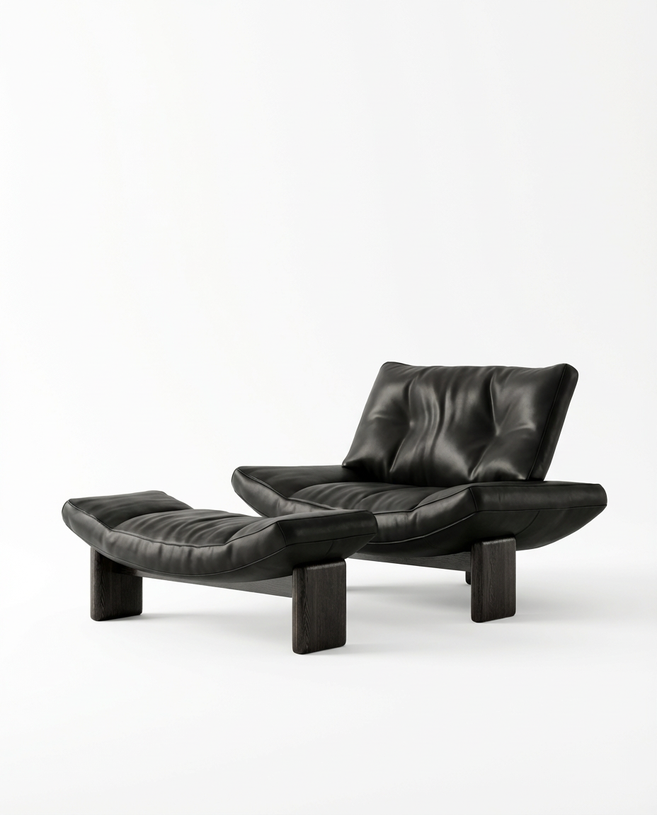 Black leather lounge chair with ottoman on a white background