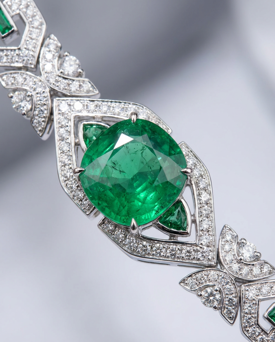 Close-up of a diamond and emerald bracelet on a gray background