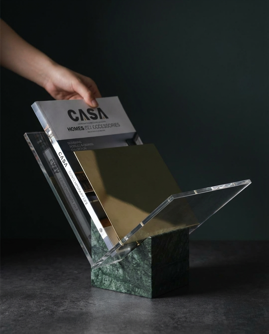 Clear acrylic stand with a green marble base holding a magazine titled 'Casa'.