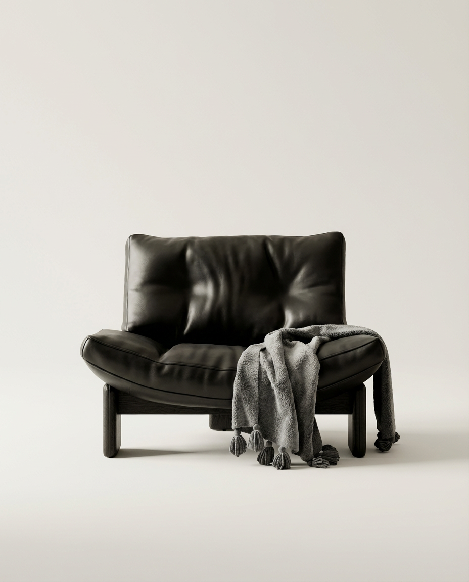 Black leather armchair with a gray blanket on a white background