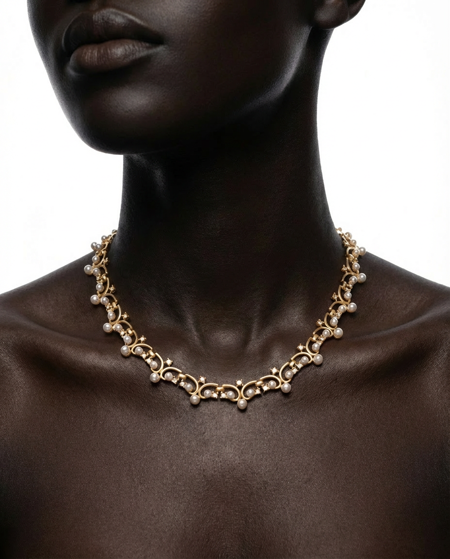 Gold necklace with pearls on a mannequin against a white background