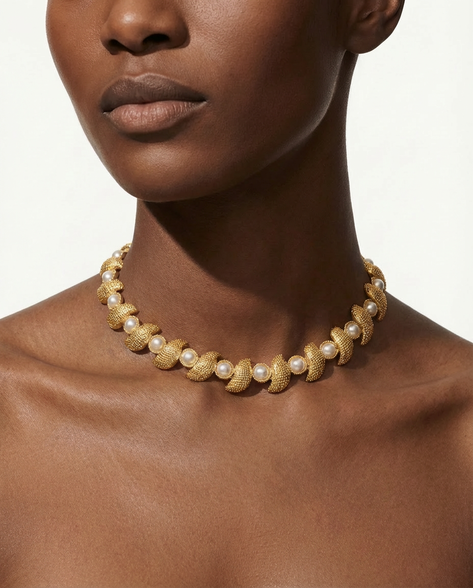Gold and pearl necklace on a model against a neutral background