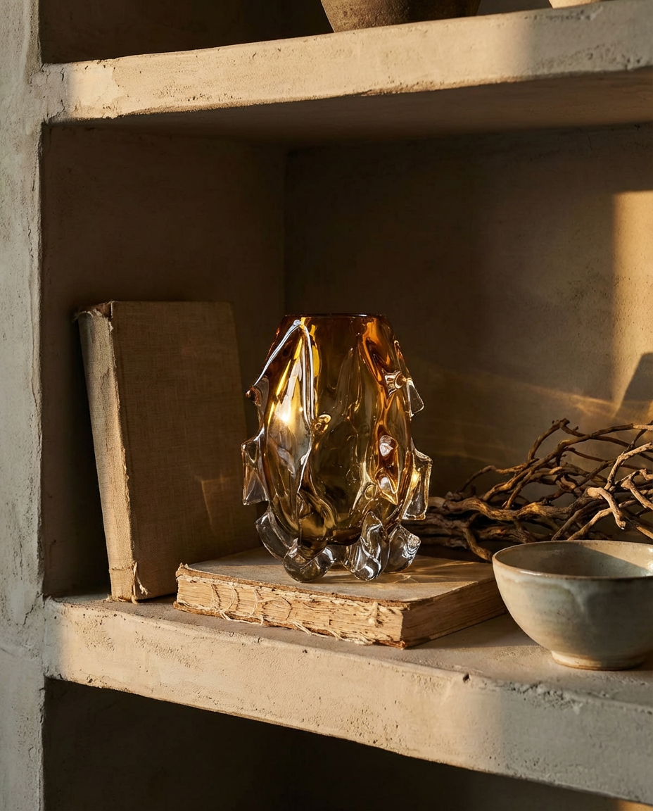 Decorative glass lamp on a shelf with books and a bowl