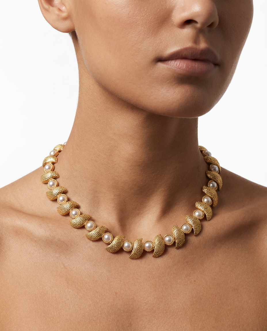Gold and pearl necklace worn by a model on a white background