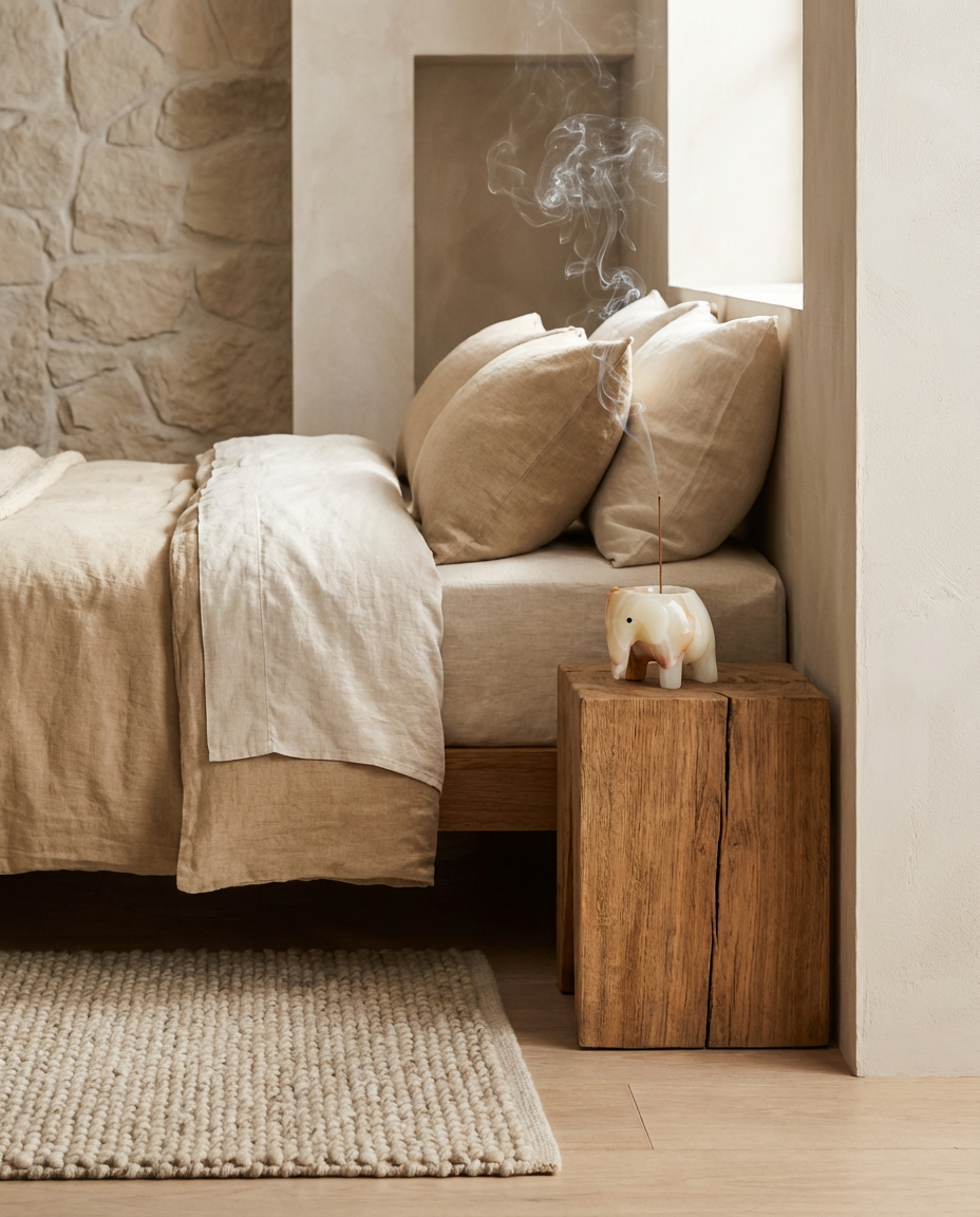Neatly made bed with beige bedding and pillows in a room with stone wall and wooden nightstand.