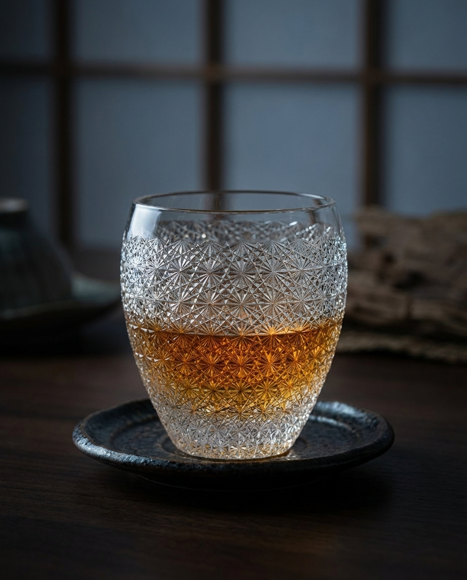 Glass with layered drink on a dark surface with a blurred background