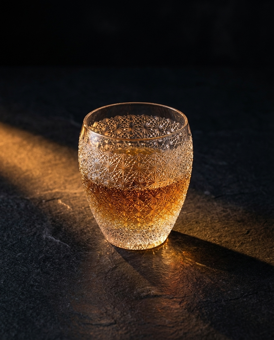 Crystal glass filled with a golden liquid on a dark surface