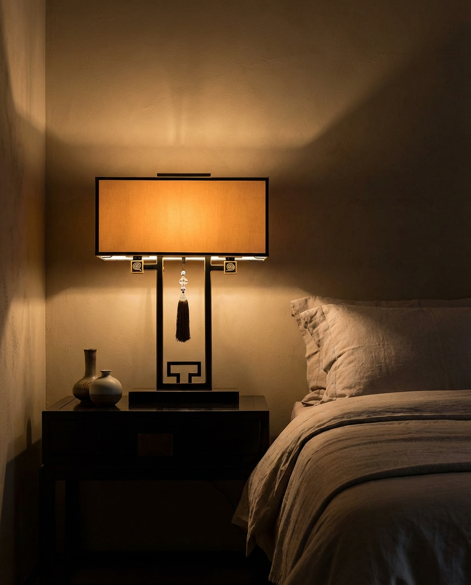 Lamp on a nightstand next to a bed in a dimly lit room