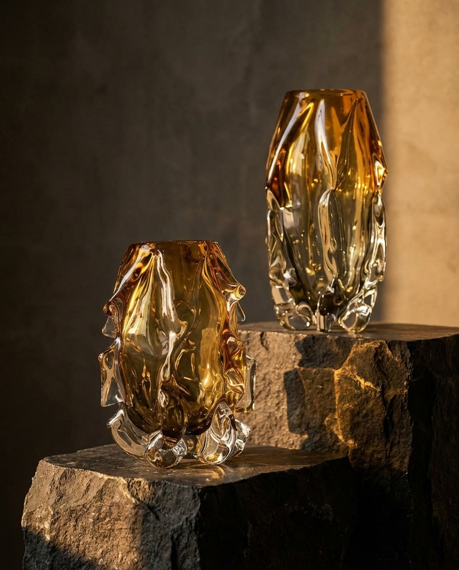 Two amber-colored glass vases on a stone surface with a dark background