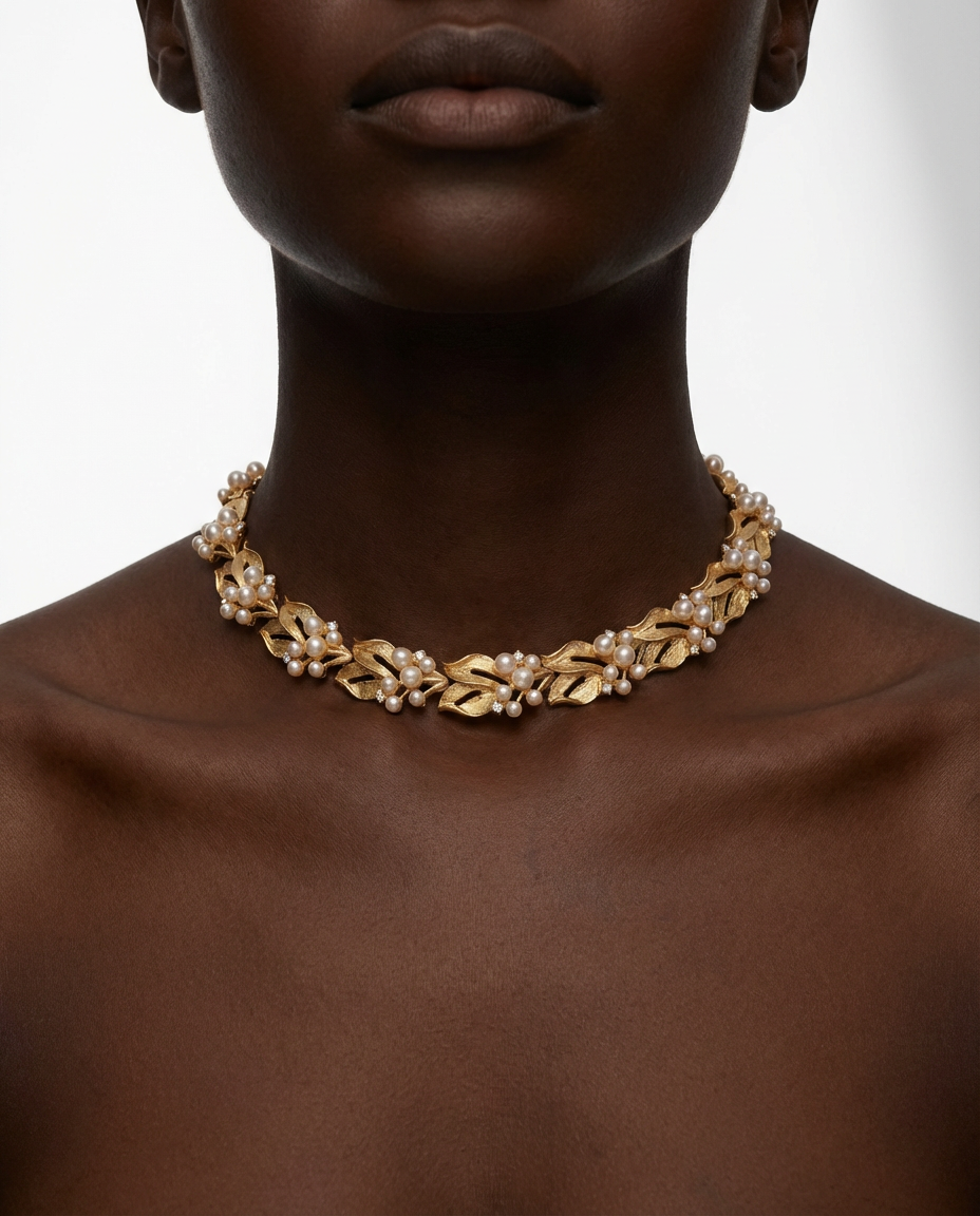 Gold necklace with pearls on a model against a white background
