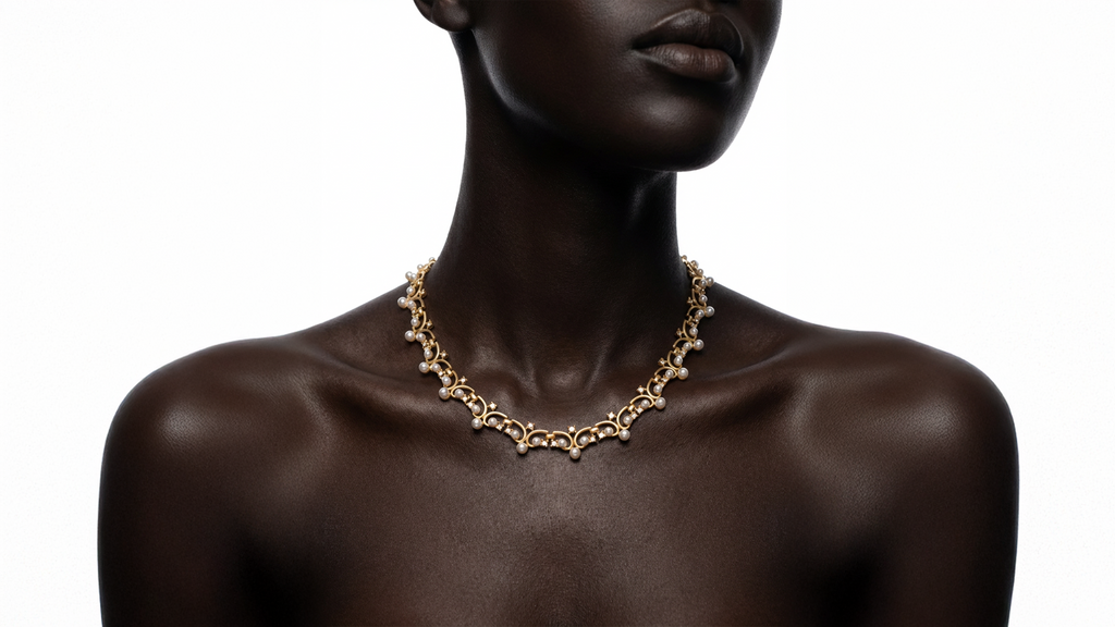 Mannequin wearing a gold necklace on a white background