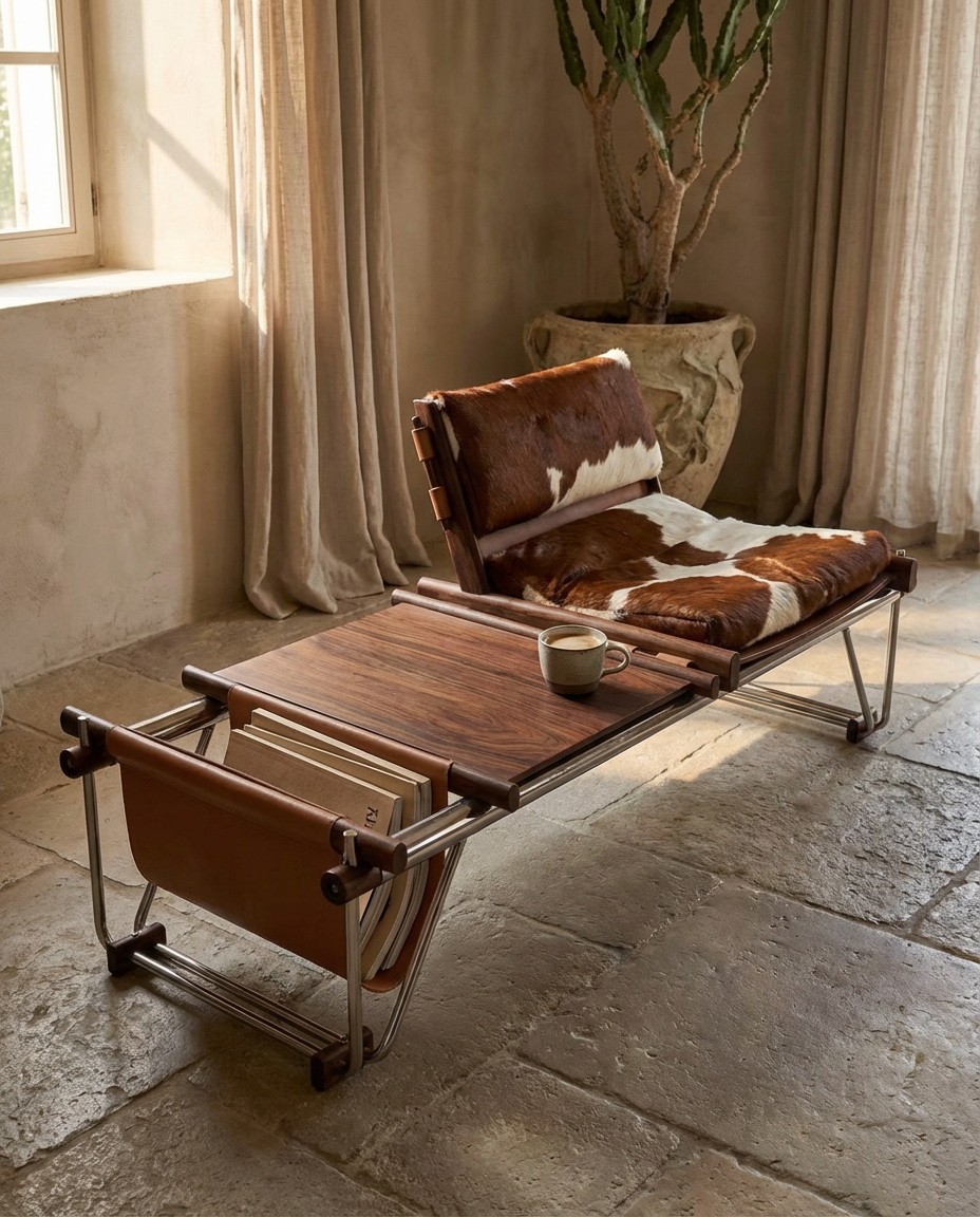 Modern lounge chair with cowhide pattern in a sunlit room with curtains and a plant.
