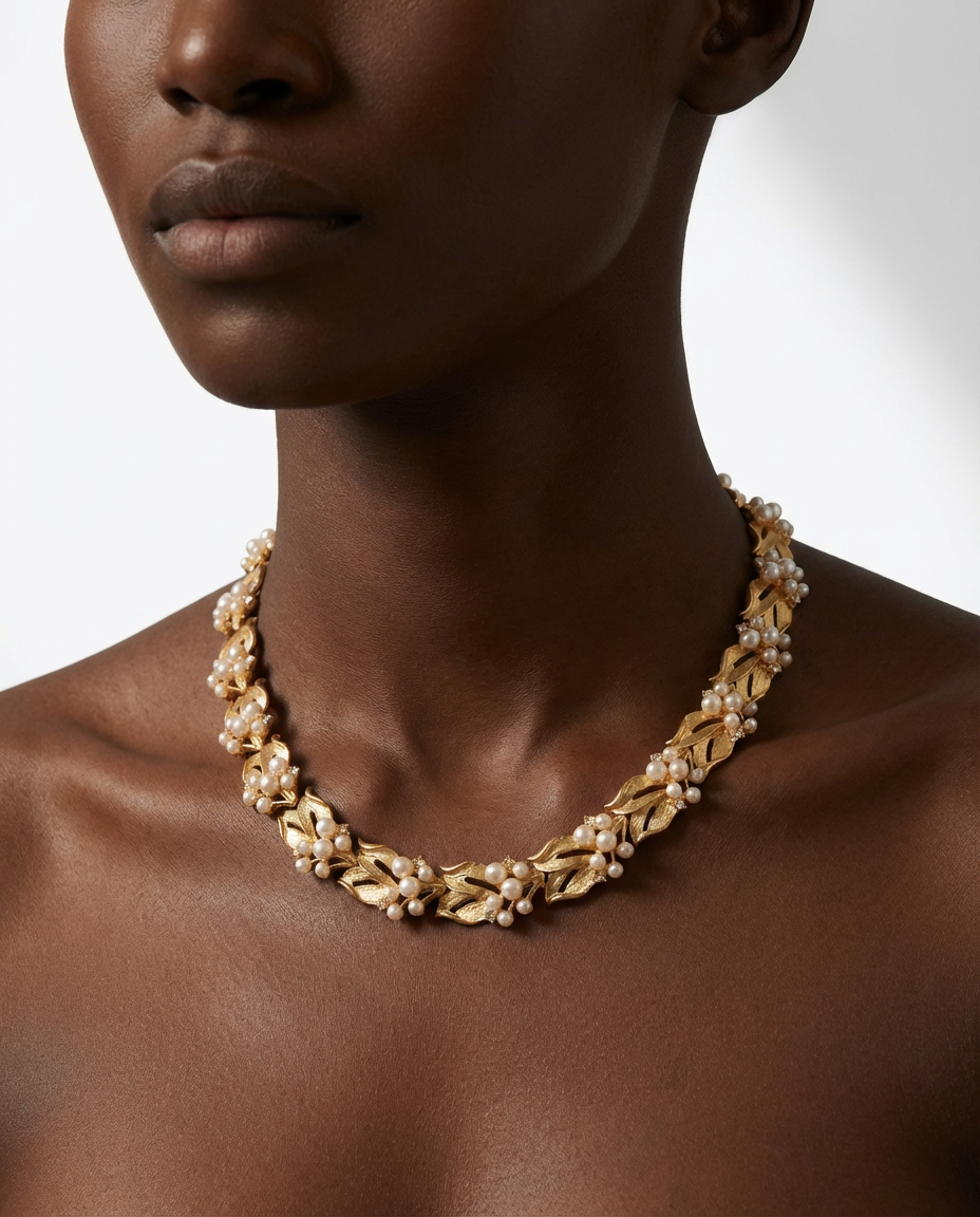 Gold necklace on a model with a neutral background