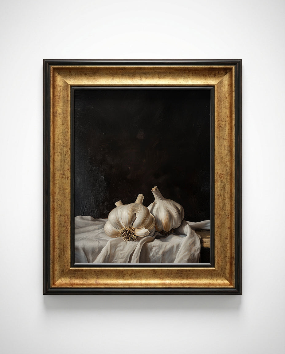 Framed artwork of garlic bulbs on a dark background