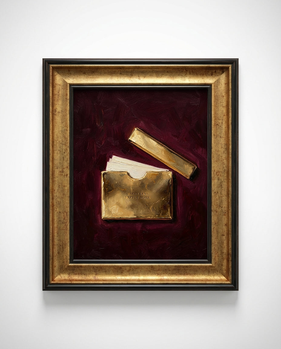 Framed artwork with gold wallet and card on red velvet background