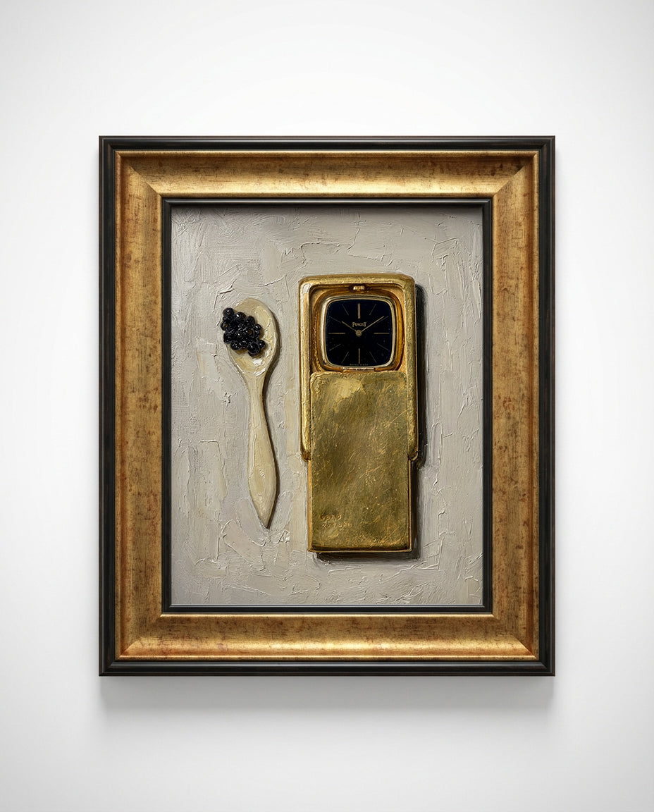 Framed artwork with a gold phone and spoon on a gray background