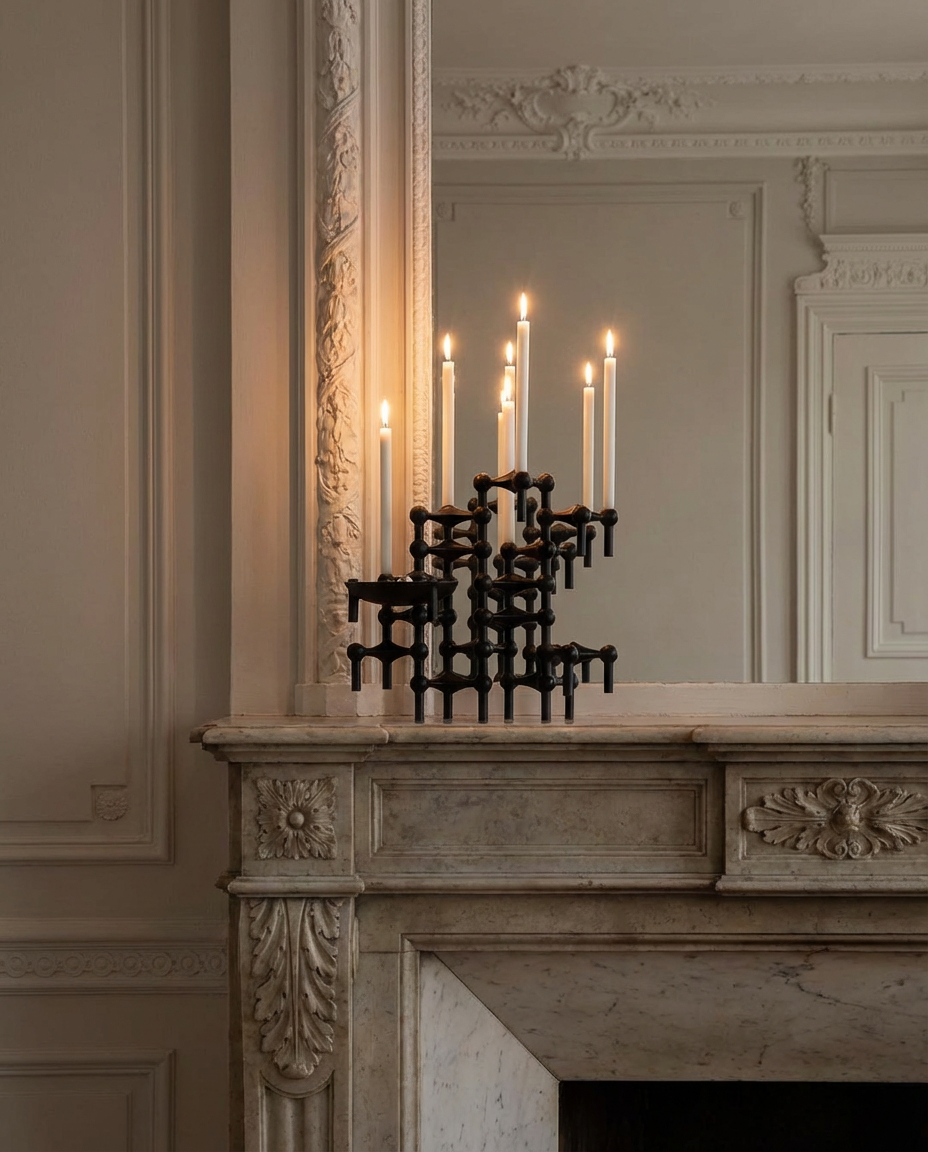 Decorative candle holder on a mantelpiece with candles in a room with ornate wall molding.