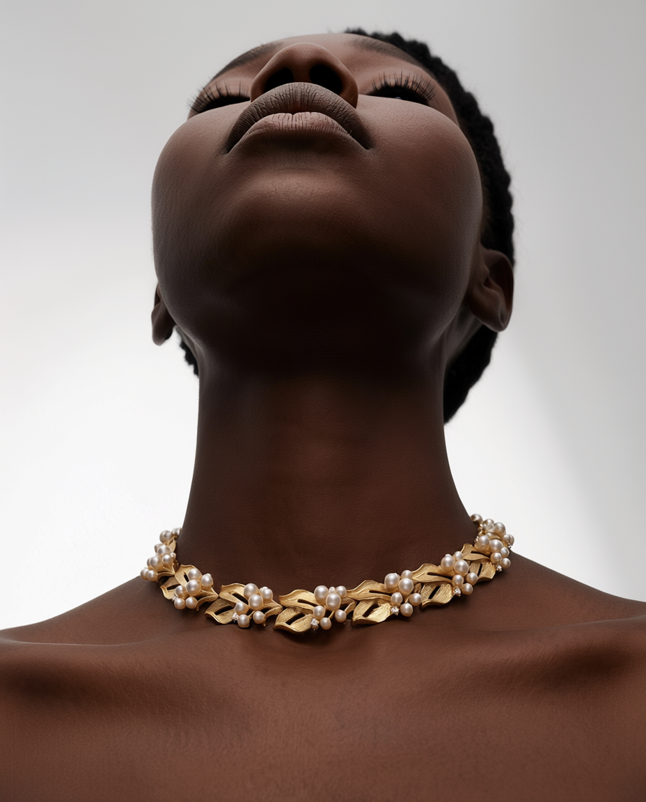 Woman wearing a gold necklace with pearls against a plain background
