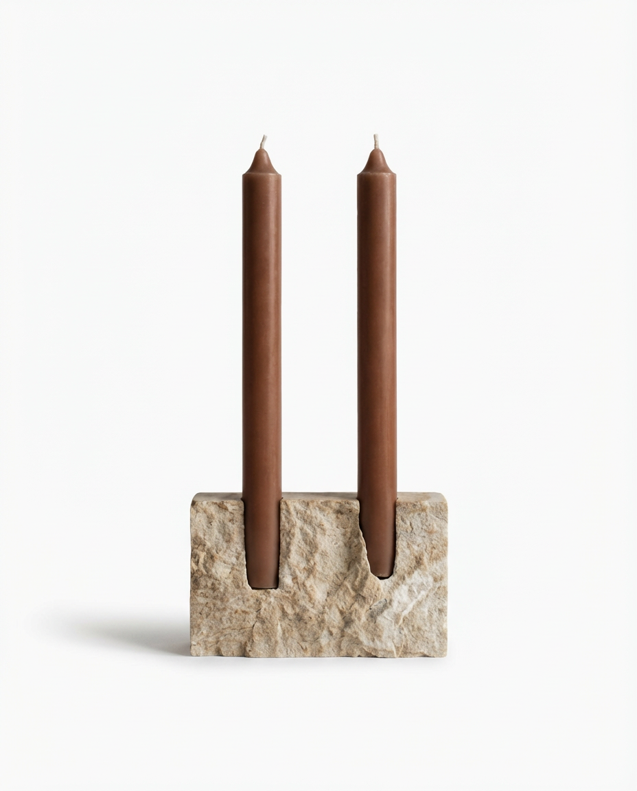 Candle holder with two brown candles on a white background