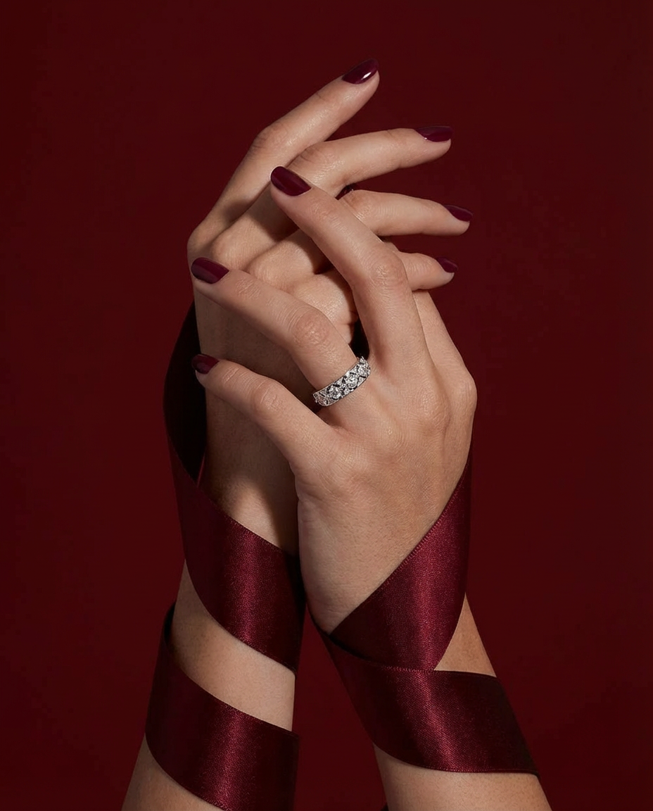 Close-up of a hand wearing a diamond ring with a red background