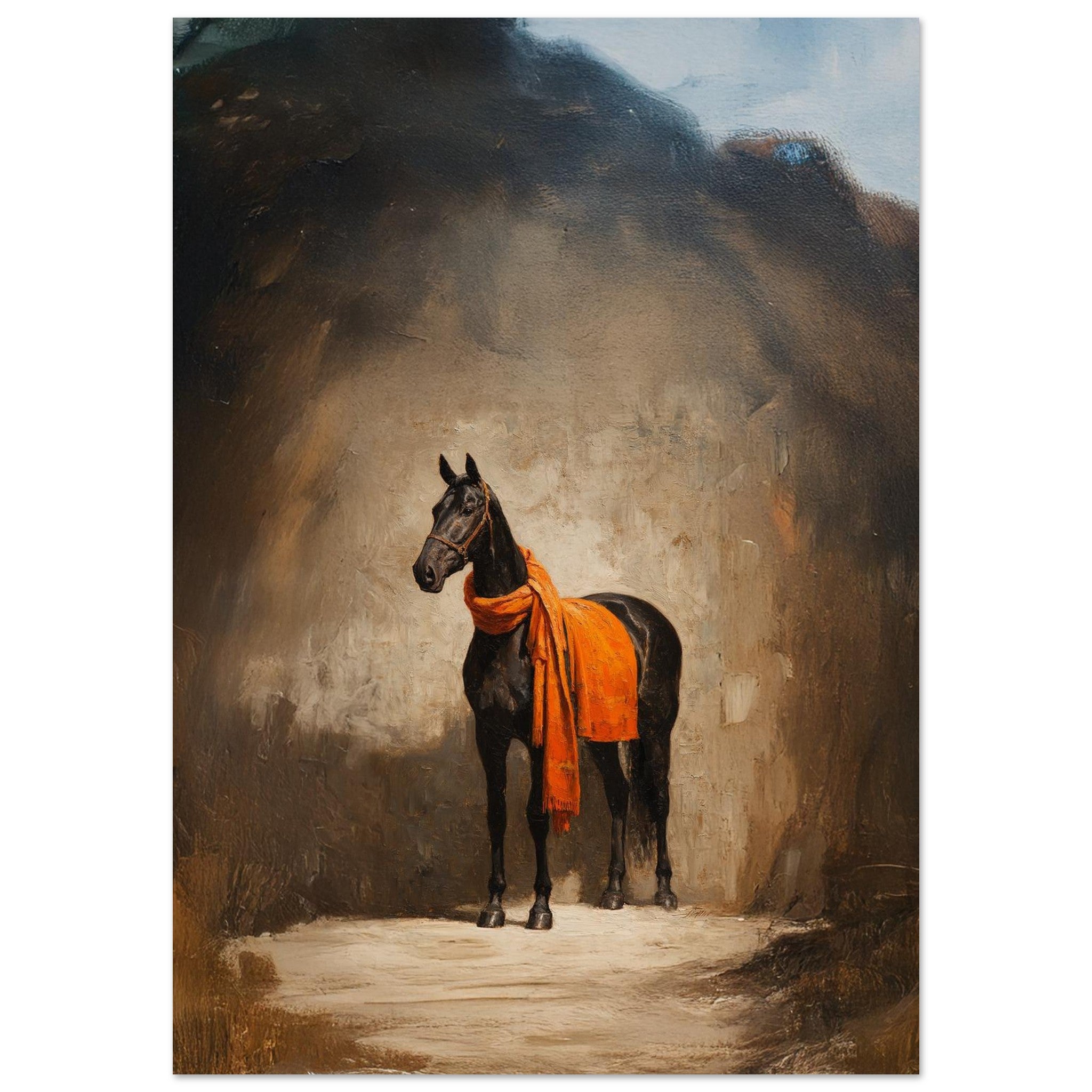 Painting of a horse with an orange blanket standing in a dimly lit room.