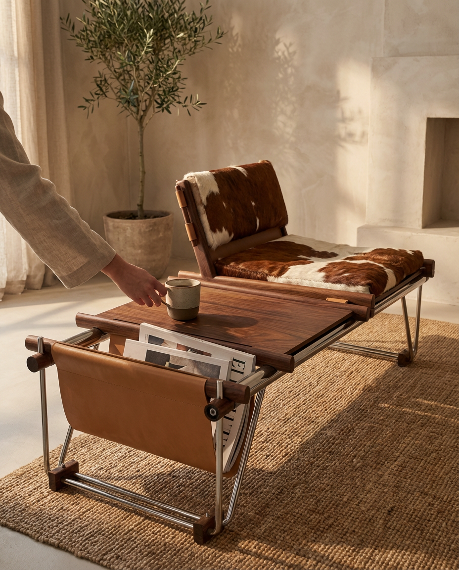 Foldable wooden table with leather accents in a room with a plant and rug.
