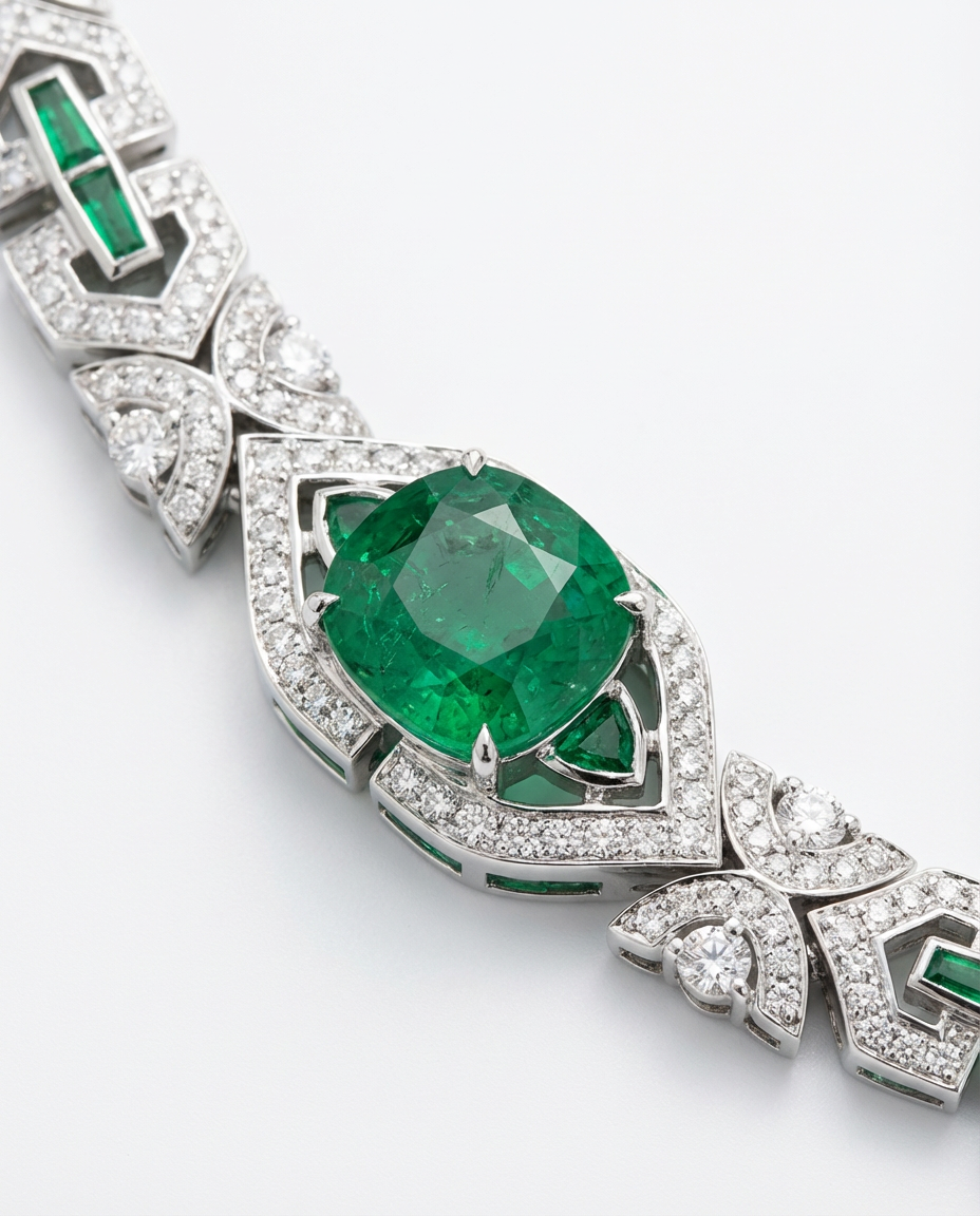Jewelry with a green gemstone and diamond accents on a white background