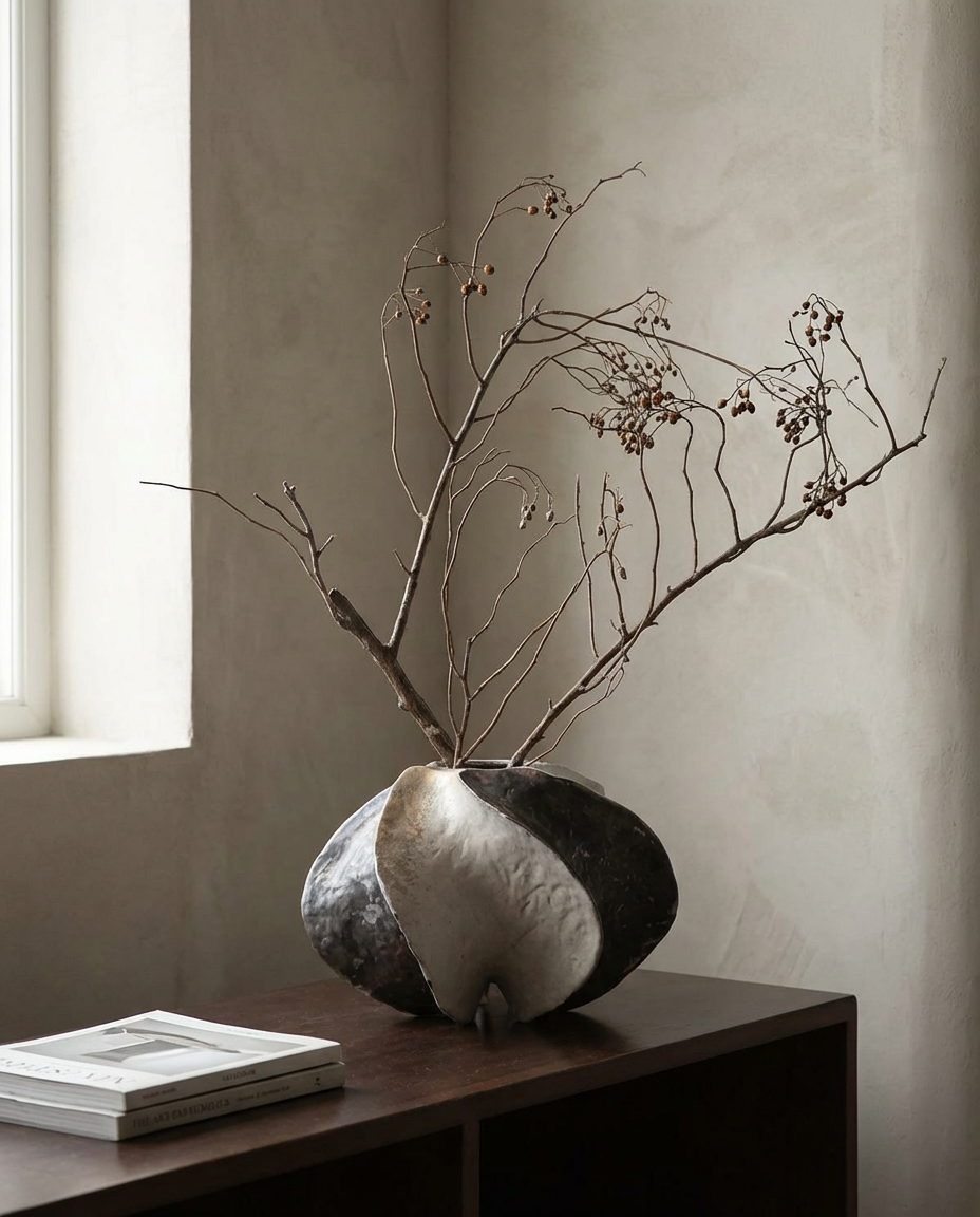 Decorative vase with branches on a wooden surface against a neutral wall.