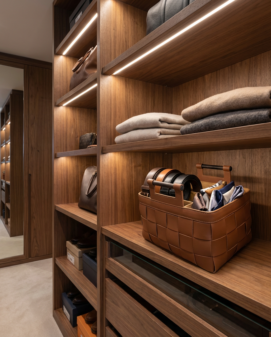 Wooden wardrobe with shelves containing folded clothes and a woven basket.
