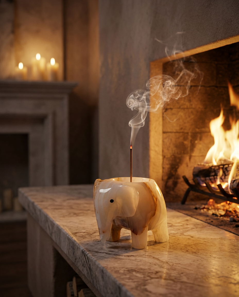 Decorative elephant incense burner with smoke in front of a fireplace