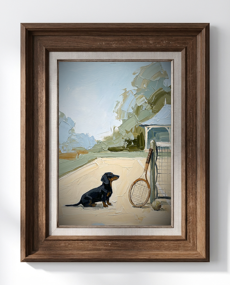 Framed painting of a dachshund by a tennis racket and ball on a white wall