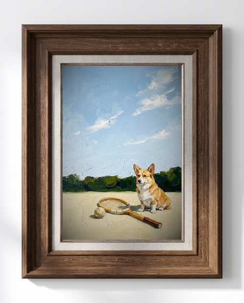 Framed painting of a dog with a tennis racket and ball on a beach.