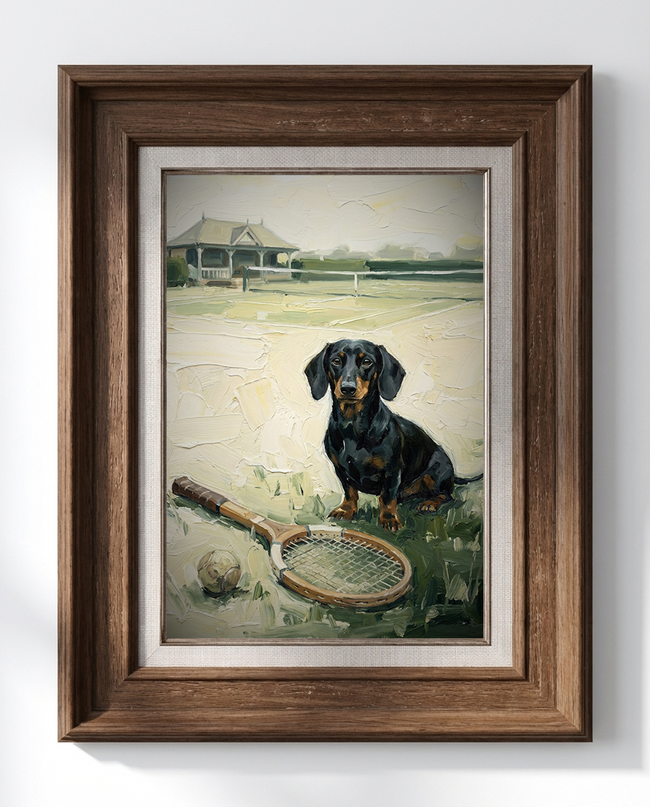 Framed painting of a dog with a tennis racket on a grassy field.