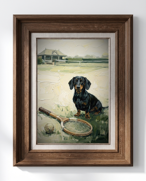 Framed painting of a dog with a tennis racket on a grassy field.